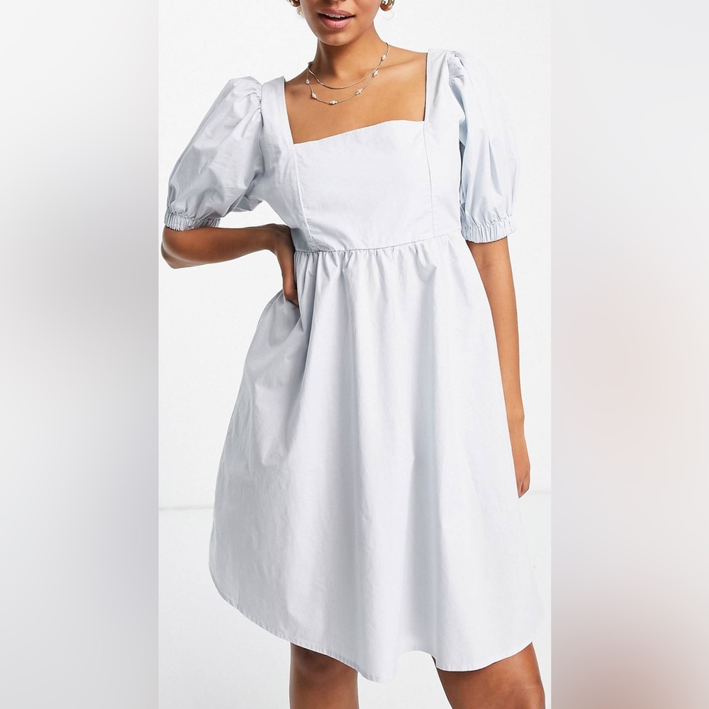Pieces puff sleeve mini smock dress in blue